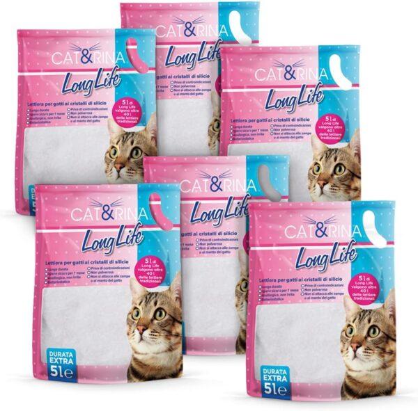 Cat&Rina LongLife, kit 6 confezioni lettiera per gatti silicio da 5L ciascuna, con cristalli di silicio.
